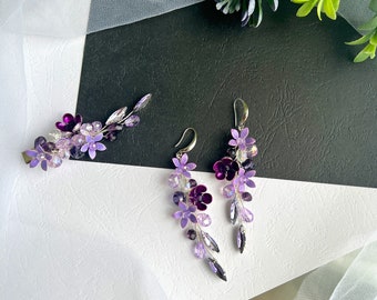 Boucles d'oreilles fleurs lilas, boucles d'oreilles pendantes, boucles d'oreilles en cristal lilas, boucles d'oreilles violet clair pour mariage, boucles d'oreilles fleurs violettes, boucles d'oreilles d'été