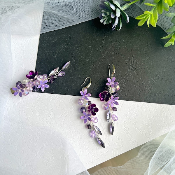 Oorbellen met lila bloemen, hangoorbellen, lila kristallen oorbellen, lichtpaarse oorbellen voor bruiloft, oorbellen met paarse bloemen, zomeroorbellen