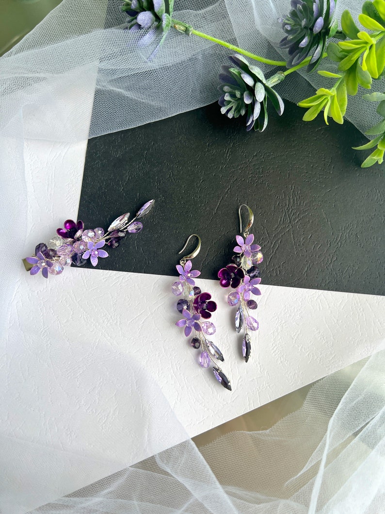 Lilac flower earrings, Dangle Earrings, Lilac Crystal Earrings, Light Purple Earrings for Wedding, Purple Flower Earrings, Summer Earrings image 1