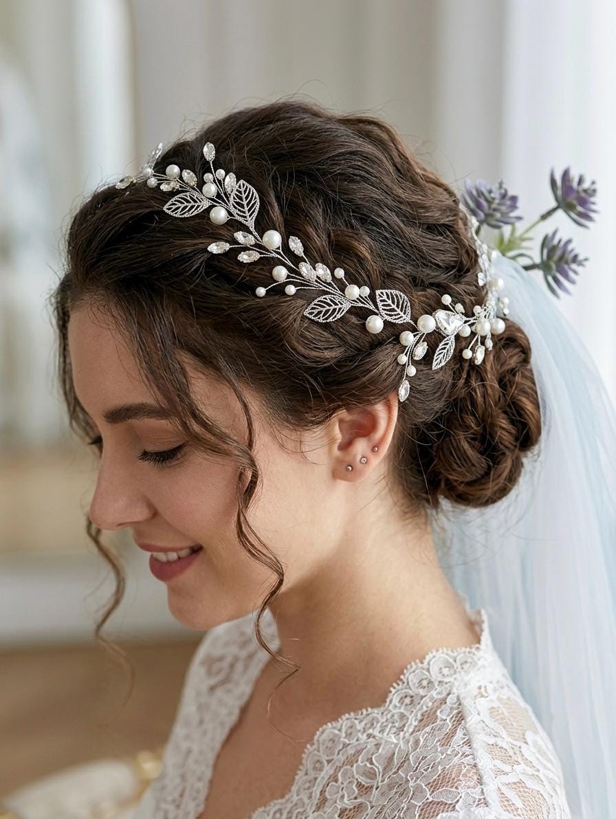 Silver Crystal Pearl Bridal Headband Floral Wedding Hair Vine NWT Silver Hair Vine Bridal Hair Vine Crystal Hair Vine Wedding  main image 3