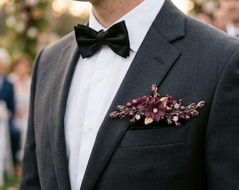 Burgundy flower Pocket Boutonniere: Garnet floral Wedding Groom Groomsmen