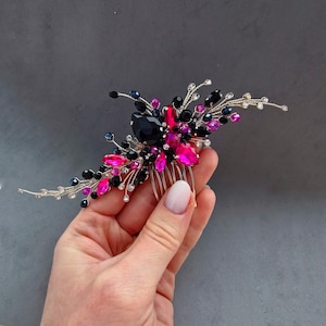 BlackFuchsia hair comb Dark Pink hair pins BlackHot Pink hair pin Black head piece Black hair piece Prom accessories Neon Pink hair clip image 1