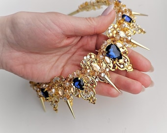 Gold crown with spikes Gold Birthday crown Gold tiara for women Spike crown Navy blue crown Queen of hearts Wedding crown Quinceanera crown