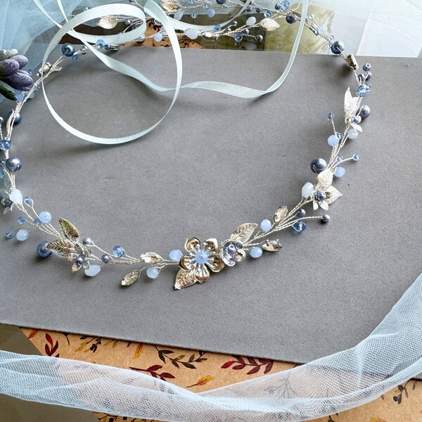 Dusty blue flower sash for wedding dress, silver bridal vine belt, flower girl belt,Pearl wedding belt, Opal Bridal Belt, silver bridal belt