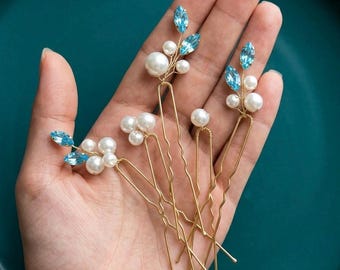 light blue Pearls Hair Pins Something blue Bridal Hair pins Wedding Hair Accessories Sky blue hair comb Bridesmaids Gift Silver Hair Pins