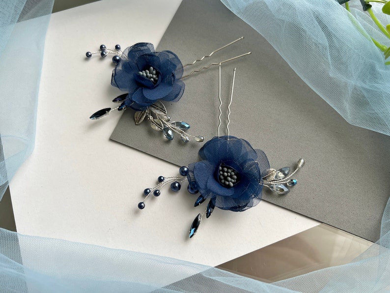 Dark navy blue flower headpiece Navy blue hair comb Dark blue headpiece Royal blue hair piece Beaded jewelry set Navy blue hair clip zdjęcie 5