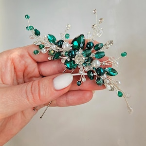 Forcina per capelli color smeraldo con perle Forcina per capelli verde Pezzo per capelli verde Pezzo per capelli color smeraldo Accessorio per capelli verde Forcine per capelli da damigella d&#39;onore Forcine per capelli con cristalli