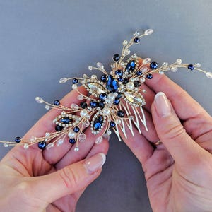 Handmade Navy Blue Crystal Bridal Hair Comb: Pearl & Rhinestone Headpiece