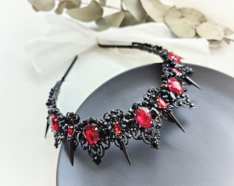 Schwarze Spike Krone: Gothic Rote Kristall Hochzeits Tiara