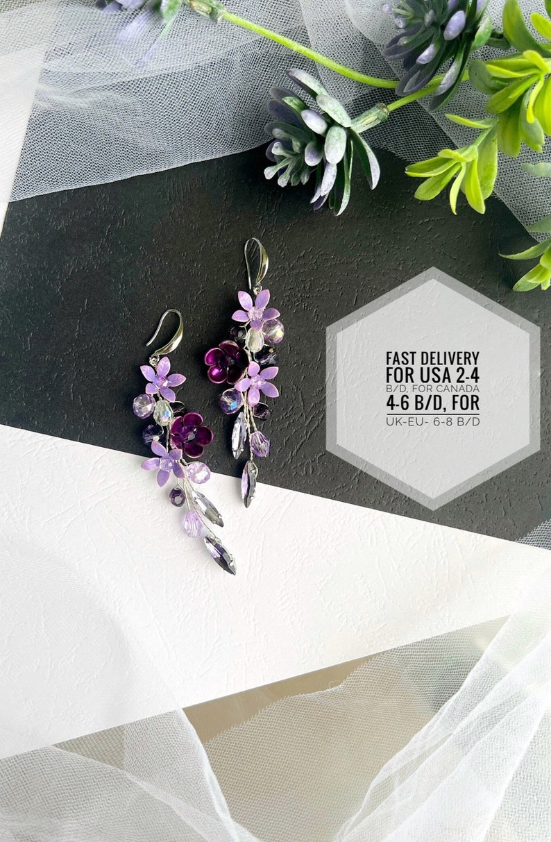 Lilac flower earrings, Dangle Earrings, Lilac Crystal Earrings, Light Purple Earrings for Wedding, Purple Flower Earrings, Summer Earrings image 2