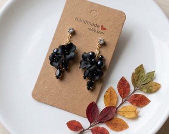 Black Floral Earrings, Black Flower Earrings, Black studs Earrings, Black floral earrings for wedding, mother of the bride