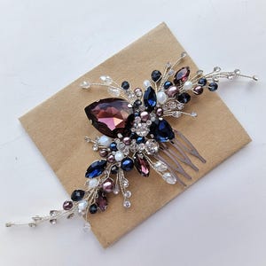 Blue Burgundy Bridal Hair Comb, Pearl hair comb, Navy Blue Headpiece,  Wedding Hair Comb, Sapphire Hair Accessory, Something Blue Jewelry
