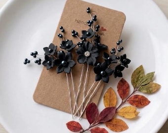 Black flowers hair pin, Black hair piece, Black flower headpiece, Black hair jewelry, Black floral hair clip, Bridal hair comb
