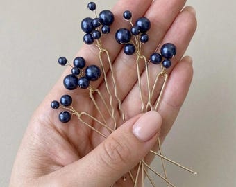 Navy blue Pearls Hair Pins Something blue Bridal Hair pins Wedding Hair Accessories Navy blue hair comb Bridesmaids Gift Silver Hair Pins