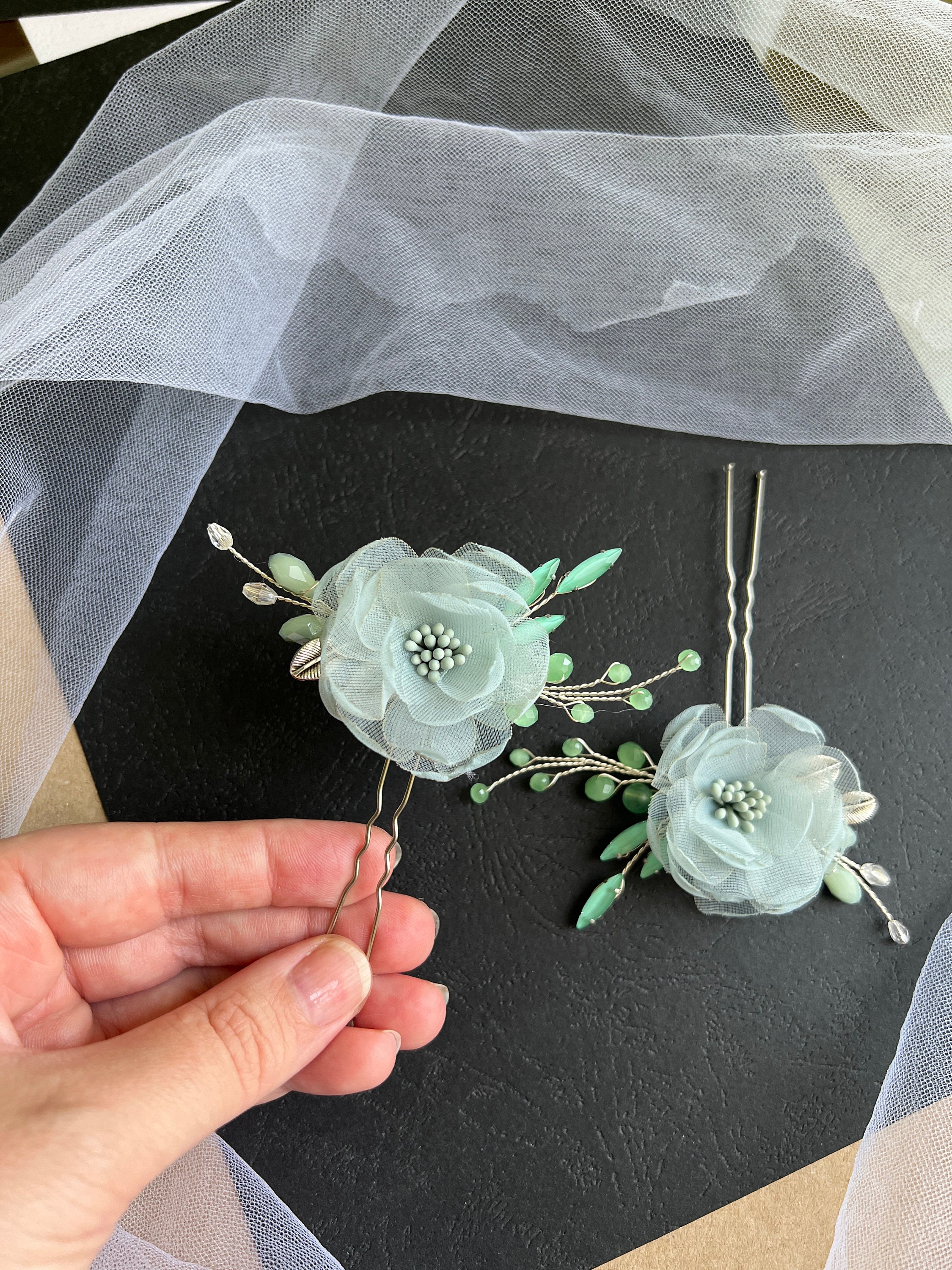 Pince à cheveux fleur verte | Bijoux Fantaisie & Accessoires