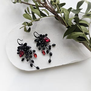 May include: A pair of dangle earrings featuring black wire branches adorned with small black beads and faceted red teardrop crystals. The earrings have black metal hooks and a cluster design that extends downward with delicate wire stems and beads.