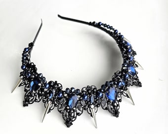 Black Indigo blue Crystal Crown, Midnight Blue Black wedding crown, Gothic wedding crown, Spike crown , Navy Black tiara , The Queen's crown