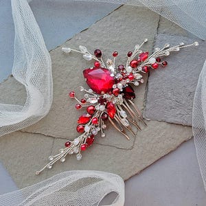 Red & Silver garnet pearl hair pin : Ruby bridal hair piece