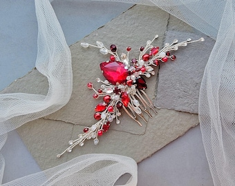 Red & Silver garnet pearl hair pin : Ruby bridal hair piece