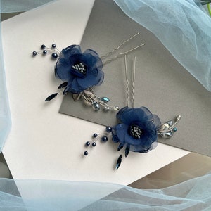 Dark navy blue flower headpiece Navy blue hair comb Dark blue headpiece Royal blue hair piece Beaded jewelry set Navy blue hair clip zdjęcie 1