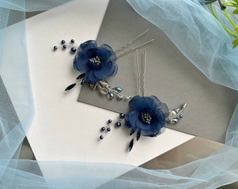 Dark navy blue flower headpiece Navy blue hair comb Dark blue headpiece Royal blue hair piece Beaded jewelry set Navy blue hair clip