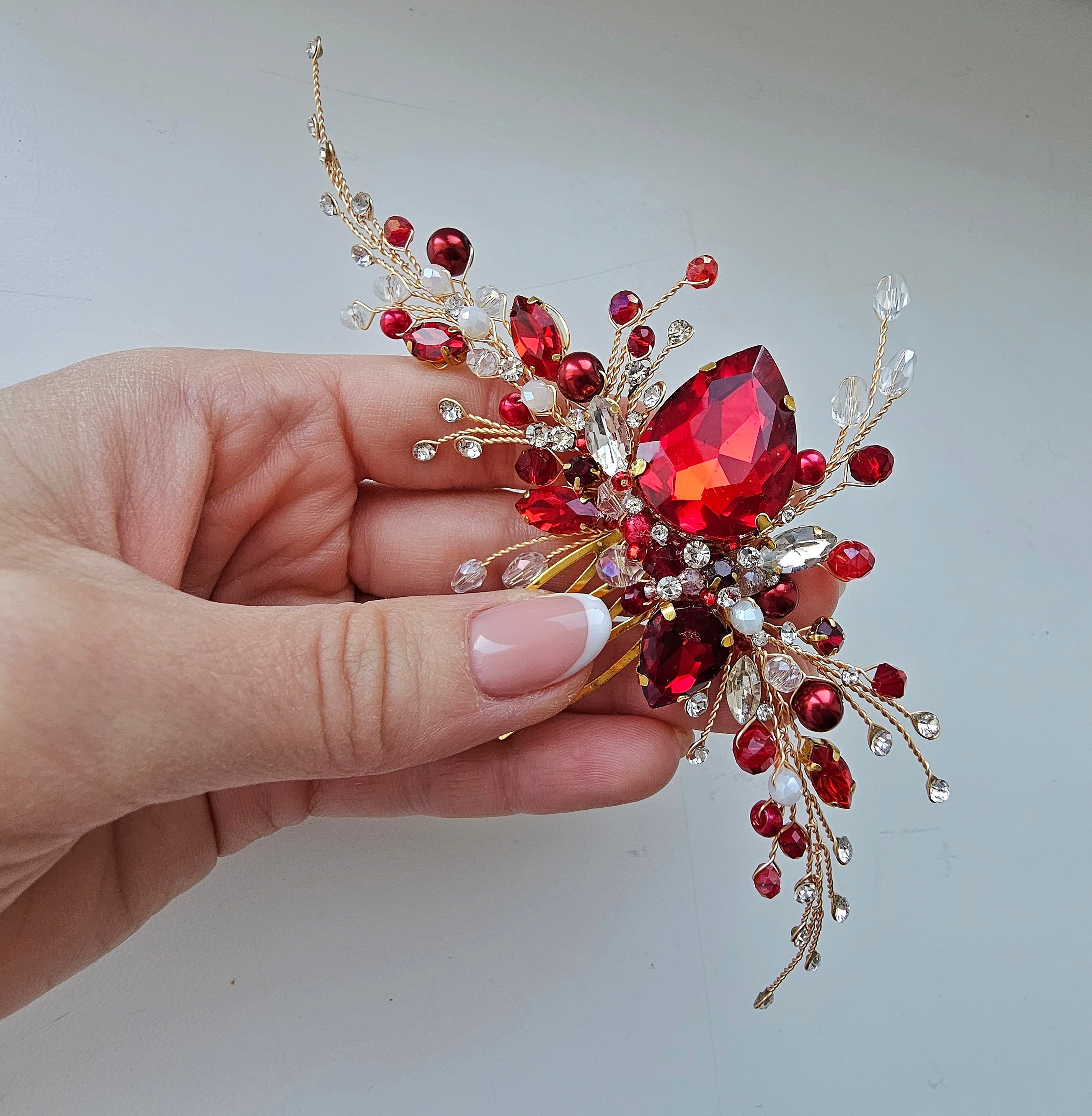 Gold red hair pin with pearl Red hair piece Red jewelry Red hair comb Bridesmaid hair pin Red headpiece Bridal hair comb