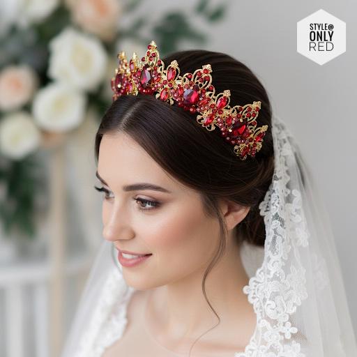 Gold Red Crown Gold Birthday Crown Red Tiara for Women Ruby  display picture 2