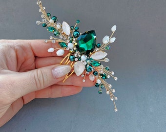 Emerald green@white opal crystals hair comb, Bridal comb with emerald crystal, Green prom crystal headpiece Green Hair Vine for Brides
