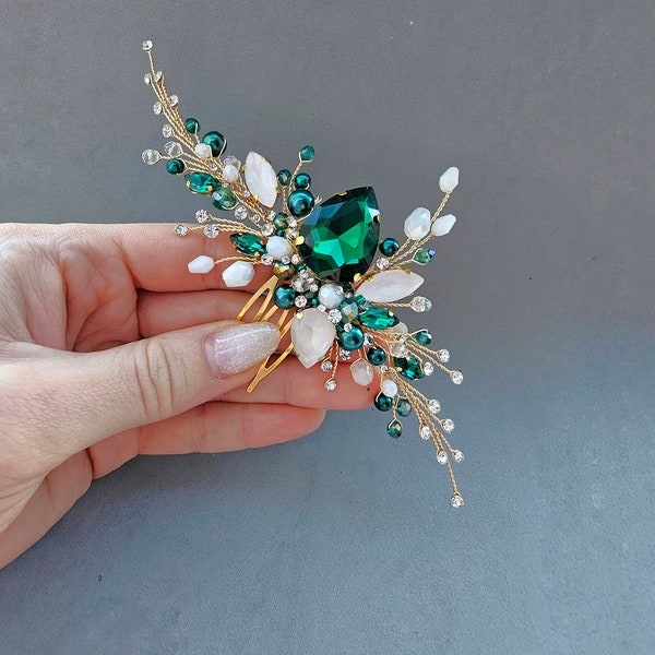 Emerald green@white opal crystals hair comb, Bridal comb with emerald crystal, Green prom crystal headpiece Green Hair Vine for Brides