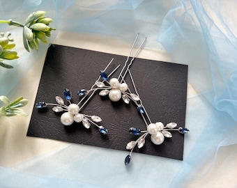 Navy blue pearls hair pins Something blue bridal hair pins Wedding hair accessories Navy blue hair comb Bridesmids hair pins Dark blue pins
