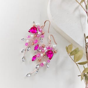 Handmade Fuchsia Crystal Drop Earrings: Rose Gold Wire Dangle