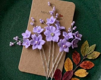 Purple flowers hair pin, Violet hair piece, Plum flower headpiece, Amethyst floral hair jewelry, Purple floral hair clip