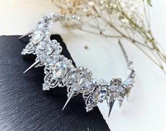 Silver crystals crown with spikes Birthday crown tiara for women Silver crytsals tiara Queen of hearts Wedding crown Quinceanera crown