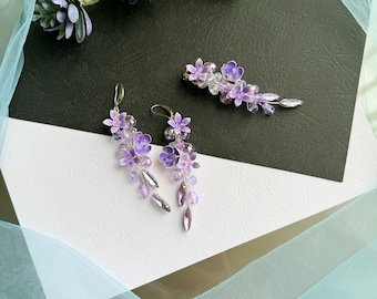 Earrings lilac flowers -birthday accessories- gift for her -Long flower earrings-Purple earrings-Floral jewelry-Dangle earrings