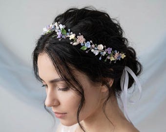 Blue Floral headpiece. Silver bridal headband. Lilac bridal hair vine. Wedding hair jewelry. Wedding hair piece. Floral Bridal Hair Crown