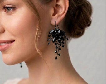 Black earrings, Black dangle earrings, black rhinestone earrings, black prom earrings, black bridesmaid earrings, mother of the bride
