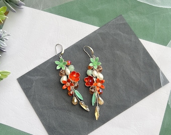 Orange Earrings, Orange Drop Crystal Earrings, Bridal Orange Crystal Drop Earrings, Orange Mint Crystal Earrings, Gift Bridesmaids Earrings