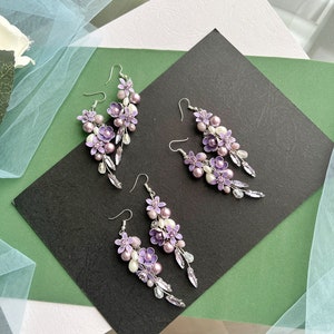 Lilac flower earrings, Dangle Earrings, Lilac Crystal Earrings, Light Purple Earrings for Wedding, Purple Flower Earrings, Summer Earrings image 2