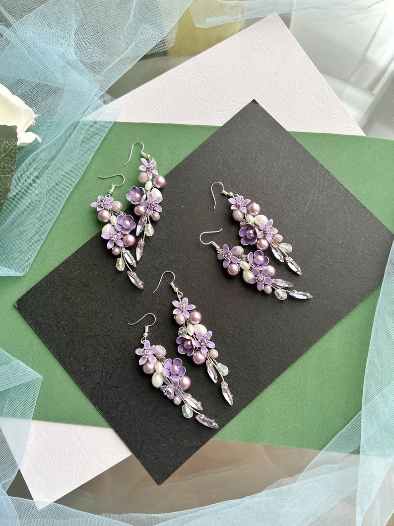 Lilac flower earrings, Dangle Earrings, Lilac Crystal Earrings, Light Purple Earrings for Wedding, Purple Flower Earrings, Summer Earrings image 2