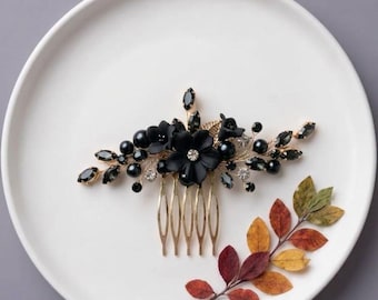 Black flowers hair pin, Black hair piece, Black floral jewelry, Black flower hair comb, Black headpiece, Bridal hair comb