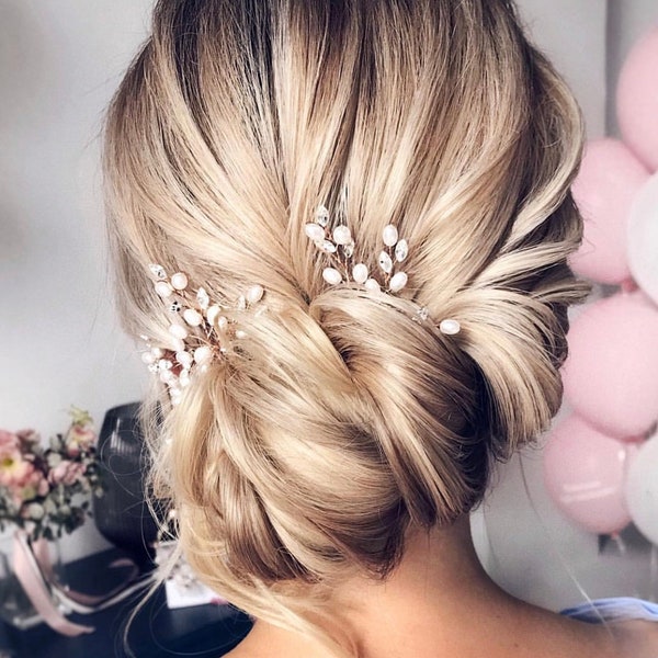 Set of pearl wedding hair pins Crystal hair pins Bridal hair pins wedding bun pin Bridal hair piece Mother of pearl hair pin Minimalist hair