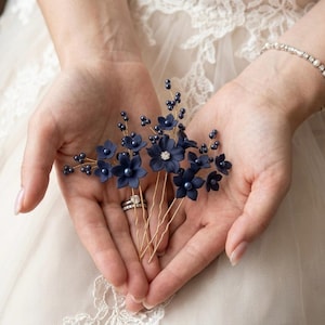 Dark navy blue flower headpiece Navy blue hair comb Dark blue headpiece Royal blue hair piece Beaded jewelry set Navy blue hair clip