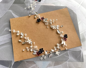 Burgundy Floral bridal hair vine. White Flower wedding hair vine. Pearl hair piece. Navy blue Floral Wedding hair jewelry. Prom hair vine
