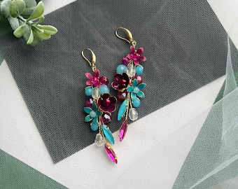Pink Blue Drop Earrings, Pink Turquoise Earrings, Fuchsia Crystal Earrings, Bridesmaids Earrings, Hot Pink Crystal Earrings, Gift For Her