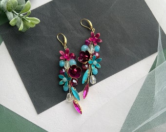 Pink Blue Drop Earrings, Pink Turquoise Earrings, Fuchsia Crystal Earrings, Bridesmaids Earrings, Hot Pink Crystal Earrings, Gift For Her