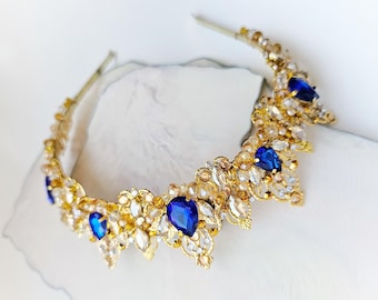 Corona de oro azul real Corona de cumpleaños dorada Tiara de oro para mujer Corona de zafiro Corona de reina de corazones Corona de boda Corona de quinceañera