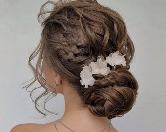 Alfileres de pelo de novia blancos, alfileres de pelo florales de seda, alfileres de pelo de flores de boda, marfil de clip de pelo de flor de novia, alfileres de pelo de flor de gasa de seda