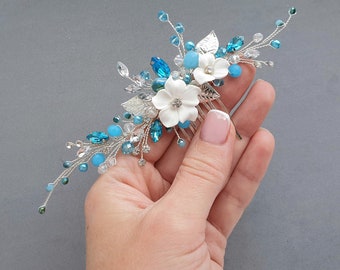 Bridal floral hair piece, Blue opal Wedding flower hair comb, Blue Flower head piece, White bridal hair comb, White hair piece for bride