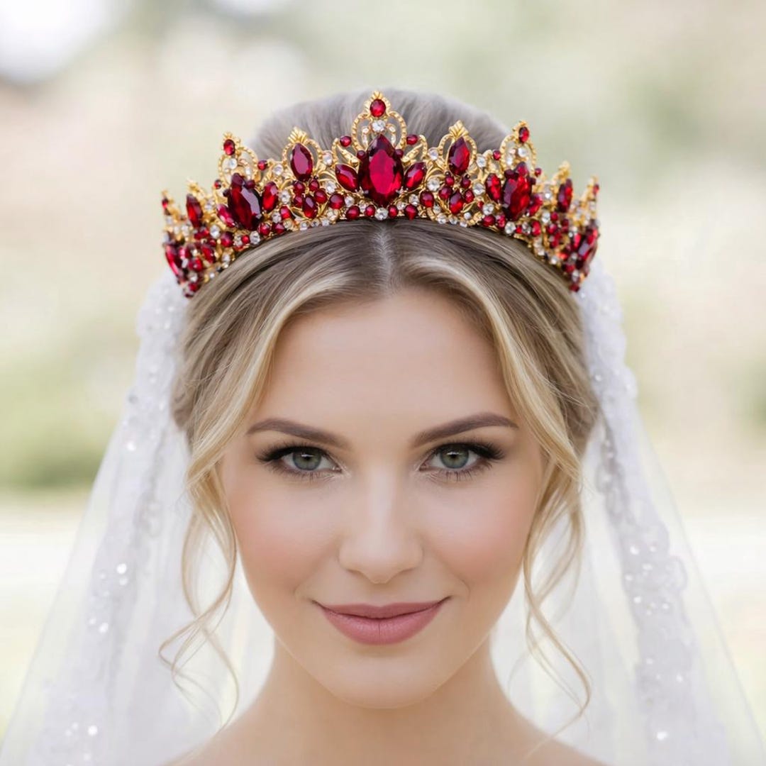 Gold Red Crown Gold Birthday Crown Red Tiara for Women Ruby  display picture 1