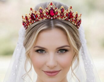 Gold red crown Gold Birthday crown Red tiara for women Ruby crown Gold and red crown Queen of hearts Wedding crown Quinceanera crown